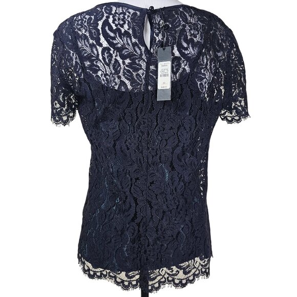 Talbots Sheer Lace Overlay Top 10 Black/Teal Short Sleeve Scalloped Whimsigoth - Picture 2 of 11